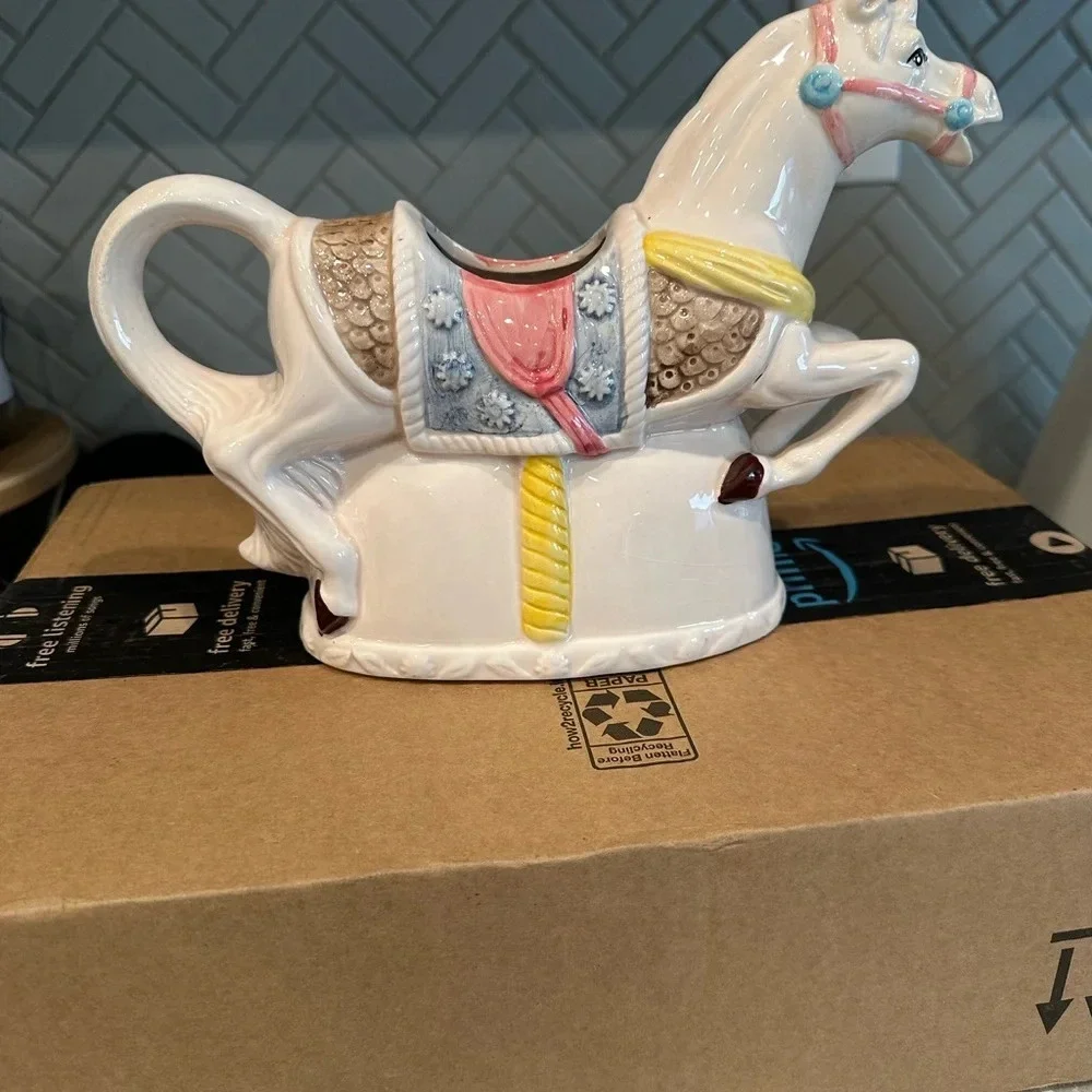 Vintage White Ceramic Carousel Horse Figurine Planter Vase - Heritage America